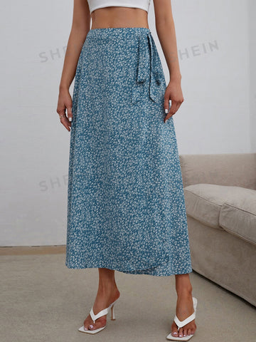 VCAY Ditsy Floral Split Thigh Knot Side Wrap Skirt