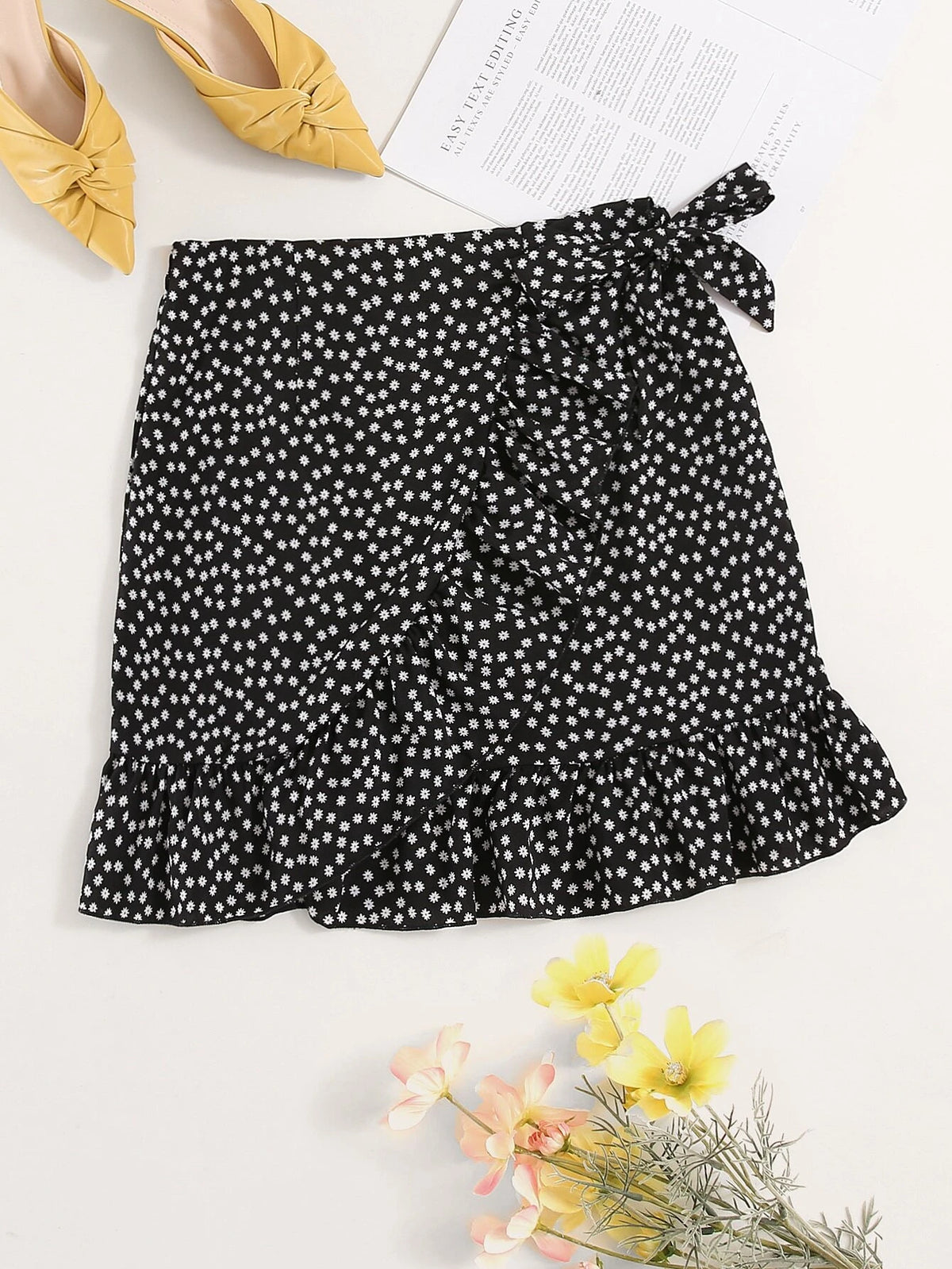 VCAY Ditsy Floral Tie Side Wrap Skirt