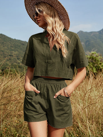 Drop Shoulder Top & Patched Pocket Shorts