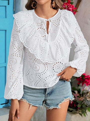 VCAY Eyelet Embroidery Contrast Lace Lantern Sleeve Loose Fit Vacation Style Women's Summer Shirt