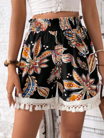 VCAY Fashionable Loose Printed Fringed Shorts, Regular Waist Women's Shorts