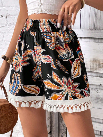 VCAY Fashionable Loose Printed Fringed Shorts, Regular Waist Women's Shorts