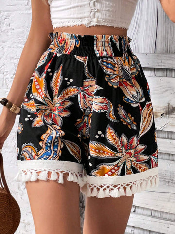 VCAY Fashionable Loose Printed Fringed Shorts, Regular Waist Women's Shorts