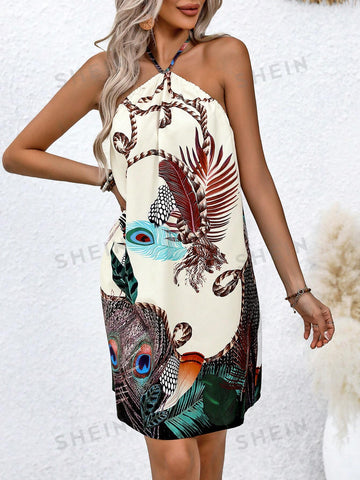 Feather Pattern Printed Backless Halterneck Dress