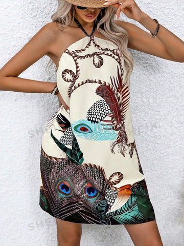 Feather Pattern Printed Backless Halterneck Dress