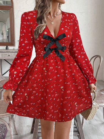 Figure-Hugging V-Neck Bow Tie Long Sleeve Mini Dress For Women, Vacation