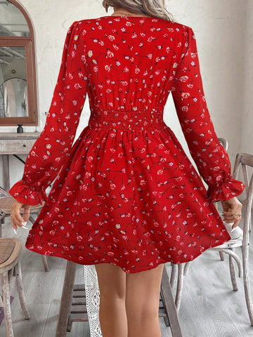 Figure-Hugging V-Neck Bow Tie Long Sleeve Mini Dress For Women, Vacation
