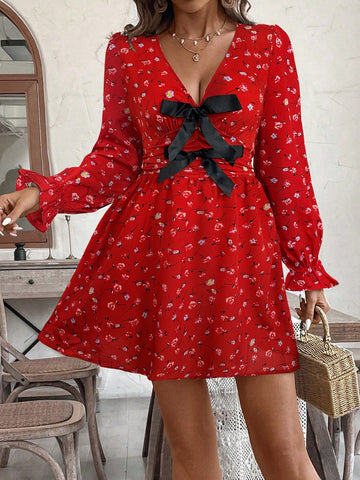 Figure-Hugging V-Neck Bow Tie Long Sleeve Mini Dress For Women, Vacation