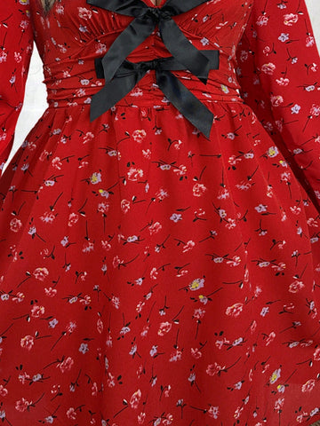 Figure-Hugging V-Neck Bow Tie Long Sleeve Mini Dress For Women, Vacation