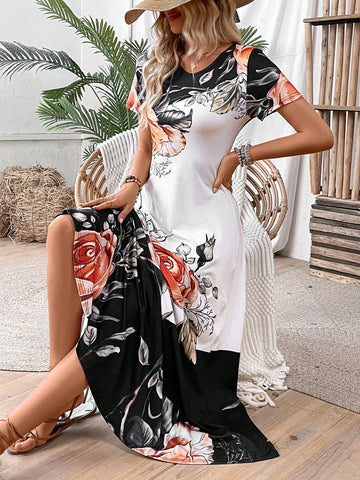 Floral Color Block Short Sleeve Vacation Casual Dress