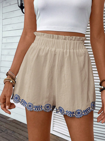 VCAY Floral Embroidery Paperbag Waist Shorts