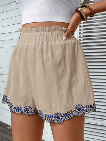 VCAY Floral Embroidery Paperbag Waist Shorts