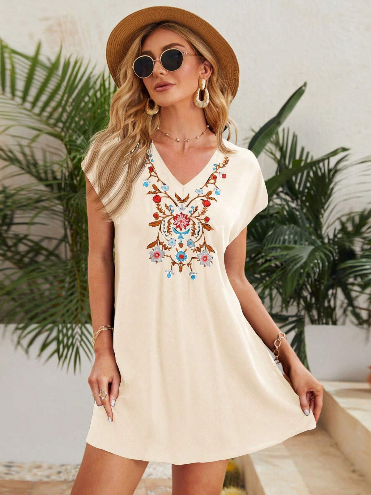Floral Embroidery V-Neck Batwing Sleeve Dress