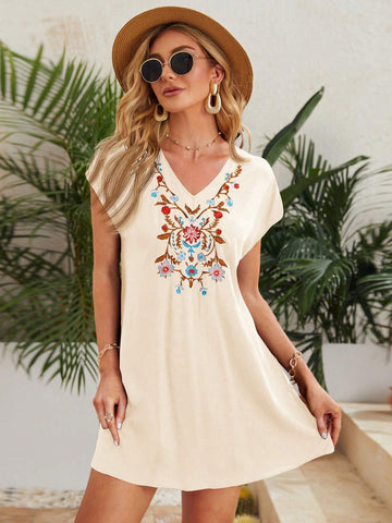 Floral Embroidery V-Neck Batwing Sleeve Dress