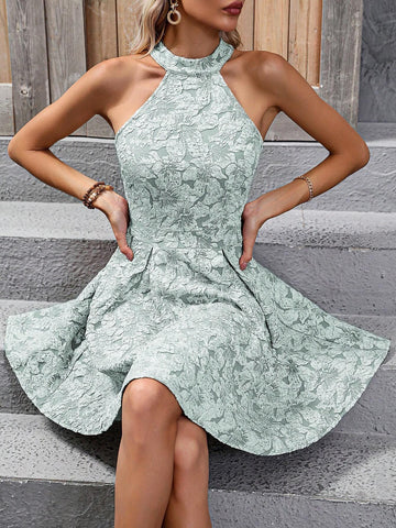 Floral Jacquard Sleeveless Dress With Pleated Waist Detail
