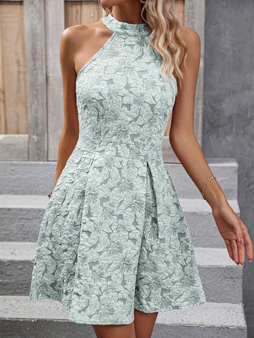 Floral Jacquard Sleeveless Dress With Pleated Waist Detail