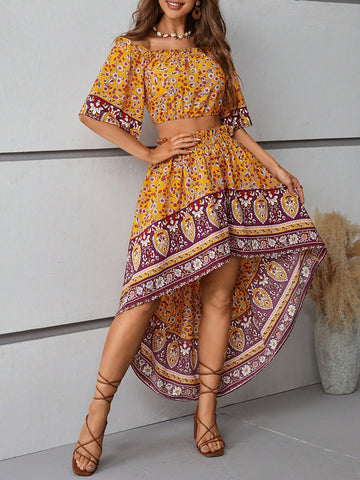 Floral Pattern Off Shoulder Short Sleeve Blouse And Paperbag Waist Short Front Long Back Skirt