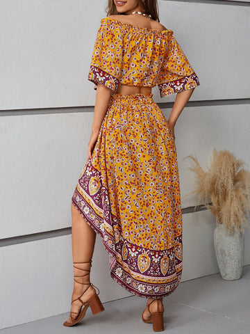 Floral Pattern Off Shoulder Short Sleeve Blouse And Paperbag Waist Short Front Long Back Skirt
