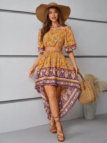 Floral Pattern Off Shoulder Short Sleeve Blouse And Paperbag Waist Short Front Long Back Skirt