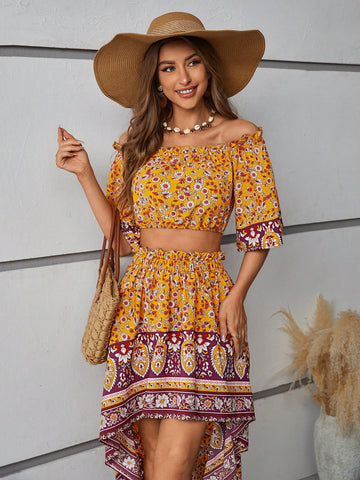 Floral Pattern Off Shoulder Short Sleeve Blouse And Paperbag Waist Short Front Long Back Skirt