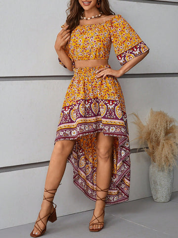Floral Pattern Off Shoulder Short Sleeve Blouse And Paperbag Waist Short Front Long Back Skirt