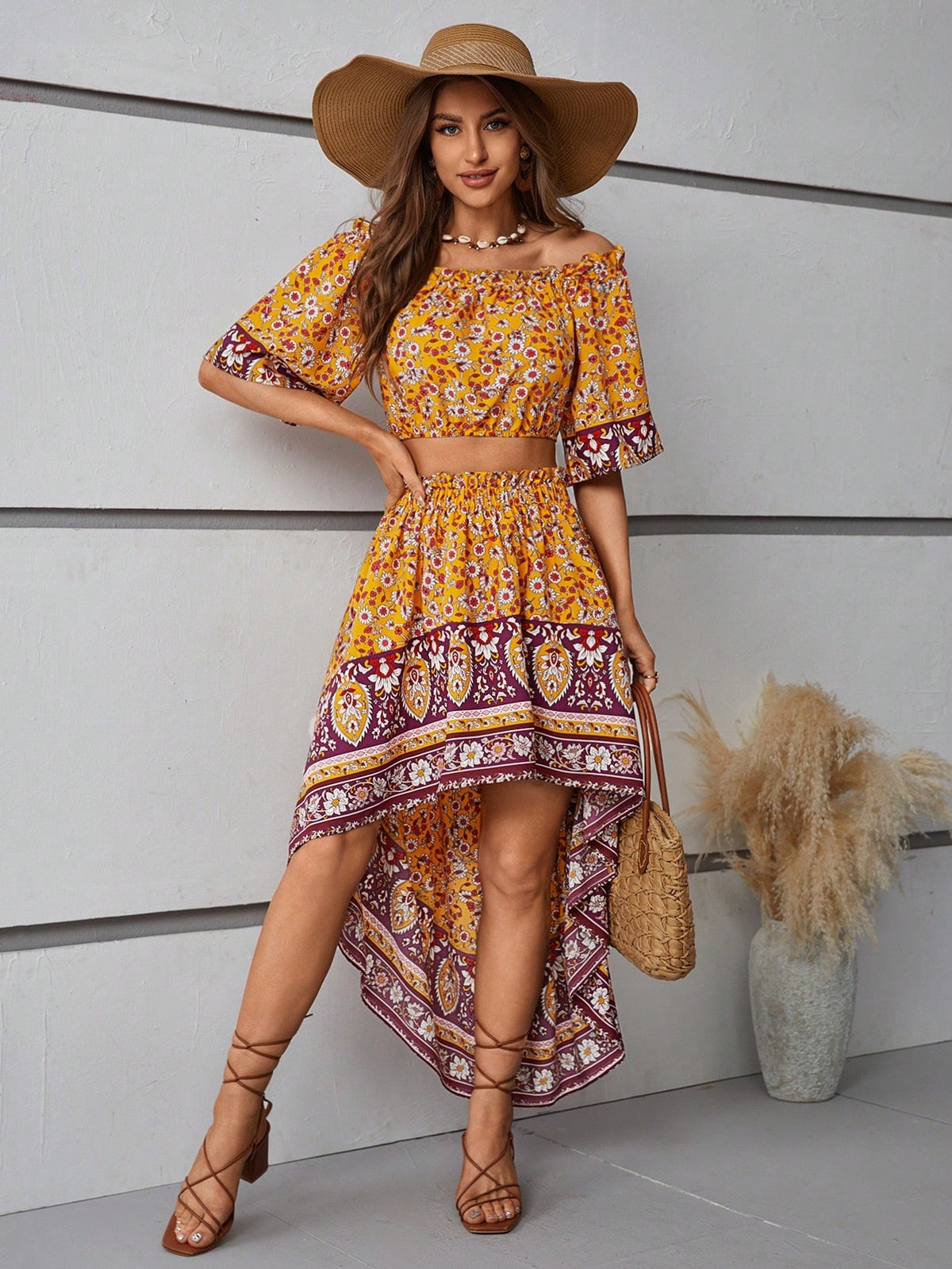 Floral Pattern Off Shoulder Short Sleeve Blouse And Paperbag Waist Short Front Long Back Skirt