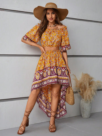 Floral Pattern Off Shoulder Short Sleeve Blouse And Paperbag Waist Short Front Long Back Skirt