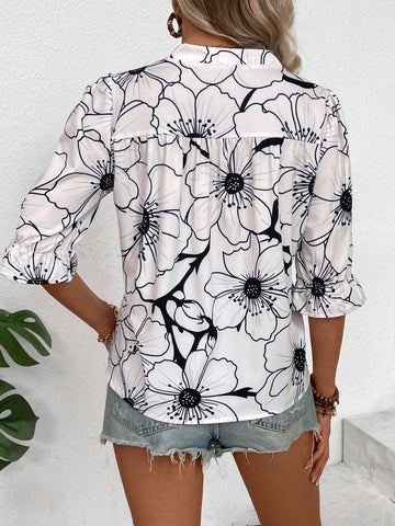 VCAY Floral Print Contrast Lace V-Neck Shirt