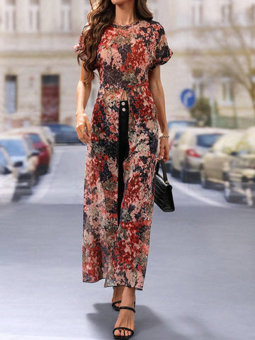 VCAY Floral Print Crew Neck Split Hem Elegant Short Sleeve Blouse