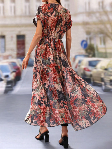 VCAY Floral Print Crew Neck Split Hem Elegant Short Sleeve Blouse