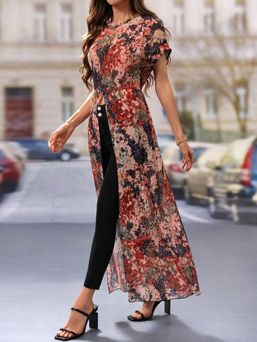VCAY Floral Print Crew Neck Split Hem Elegant Short Sleeve Blouse