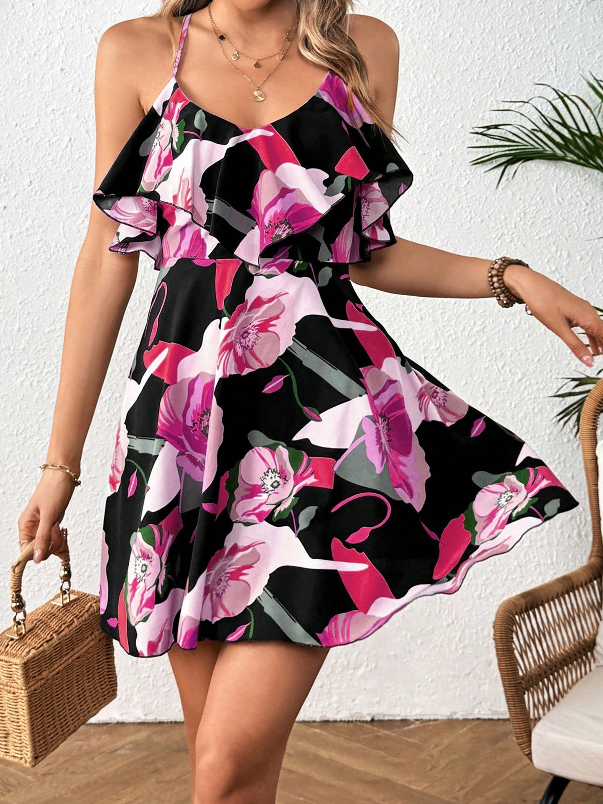 Floral Print Crisscross Open Back Sleeveless Dress