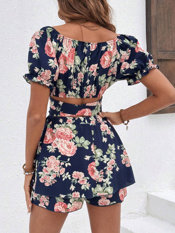 Floral Print Cropped Top And Shorts