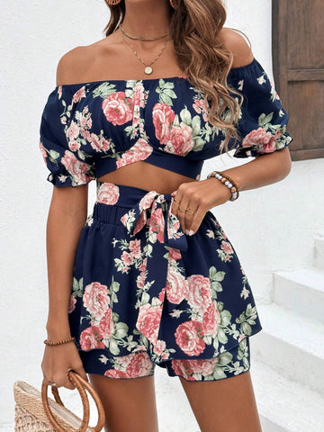 Floral Print Cropped Top And Shorts