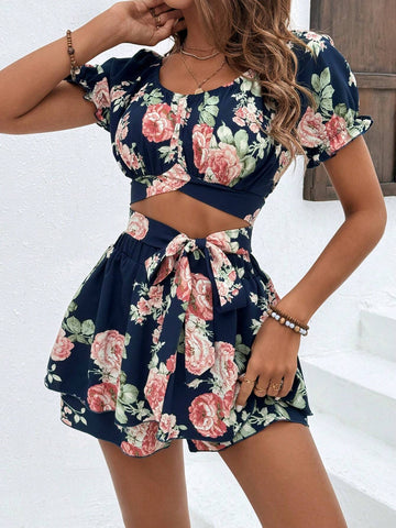 Floral Print Cropped Top And Shorts