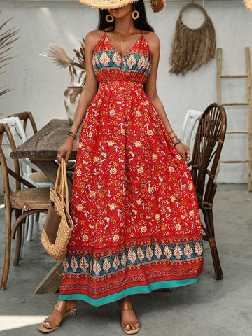 Floral Print Cross Back Strappy Dress