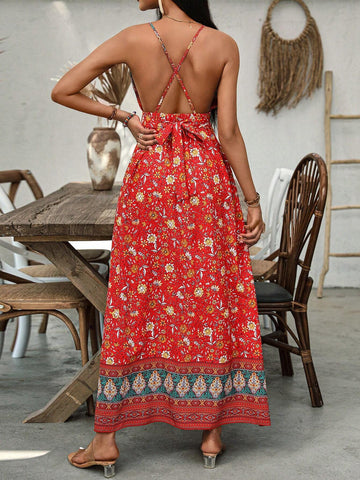 Floral Print Cross Back Strappy Dress