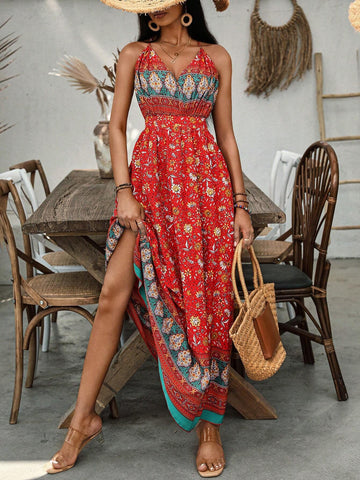 Floral Print Cross Back Strappy Dress