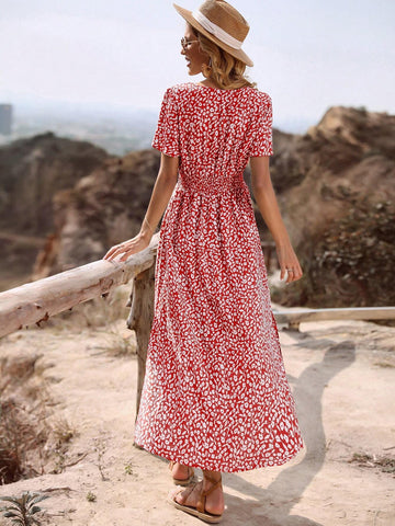 Floral Print Gathered Waist Split Hem Maxi Dress