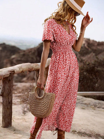 Floral Print Gathered Waist Split Hem Maxi Dress