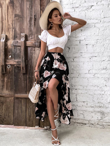 VCAY Floral Print High Low Skirt