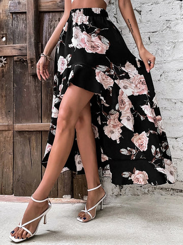 VCAY Floral Print High Low Skirt