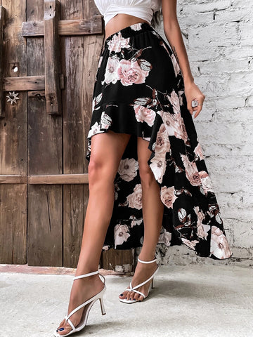 VCAY Floral Print High Low Skirt
