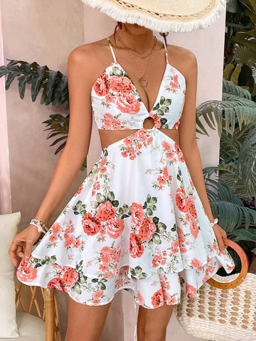 Floral Print Hollow Out Loose Jumpsuit