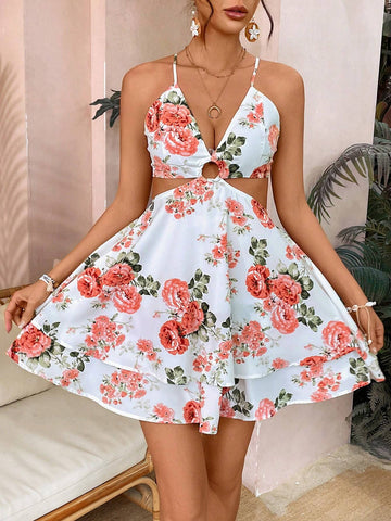 Floral Print Hollow Out Loose Jumpsuit