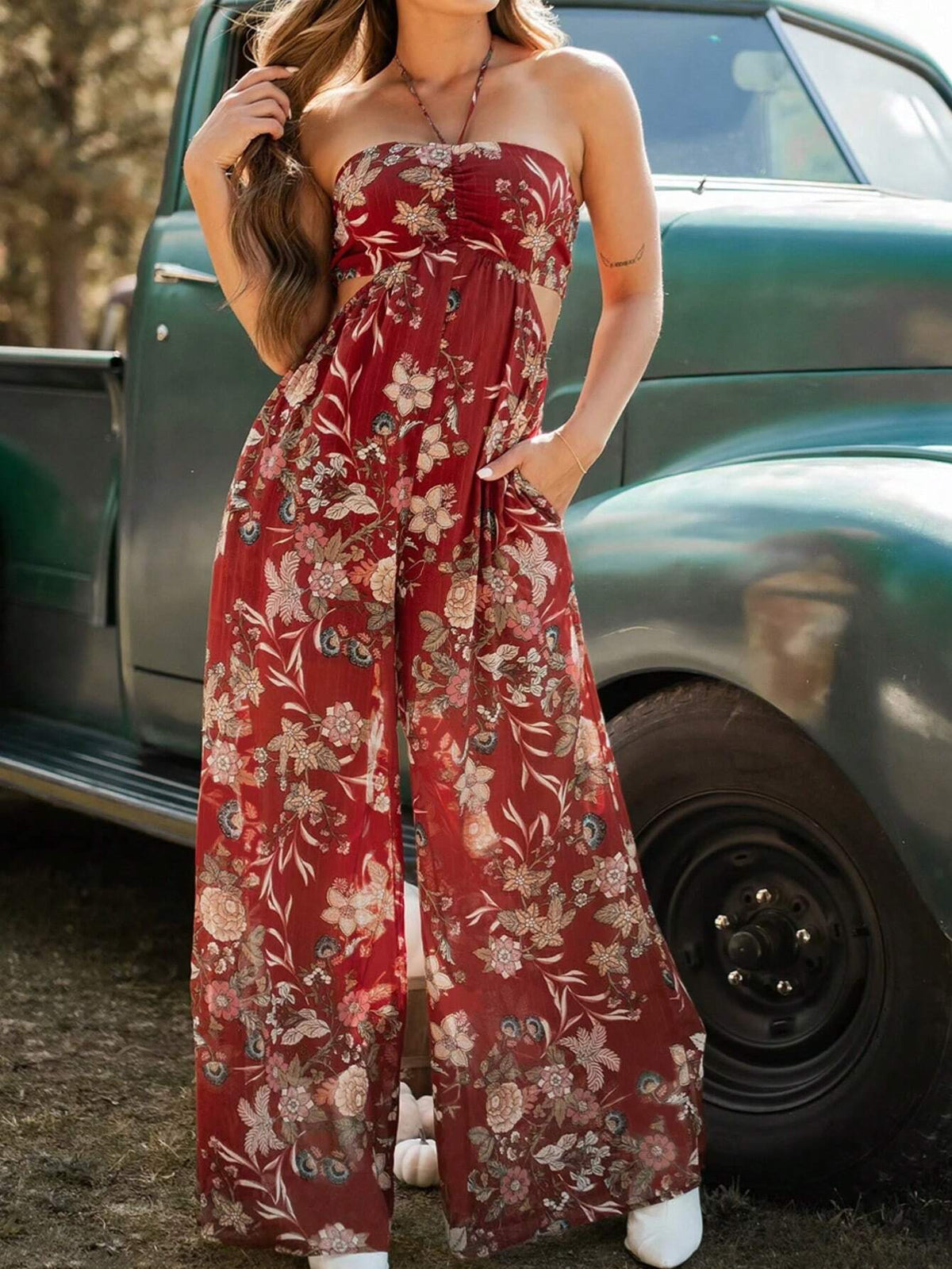 Floral Print Hollow Out Strapless Wide Leg Jumpsuit
