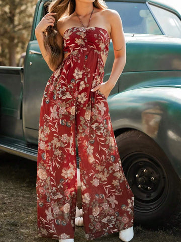 Floral Print Hollow Out Strapless Wide Leg Jumpsuit
