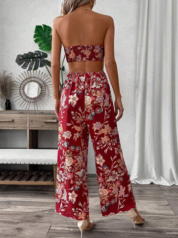 Floral Print Hollow Out Strapless Wide Leg Jumpsuit