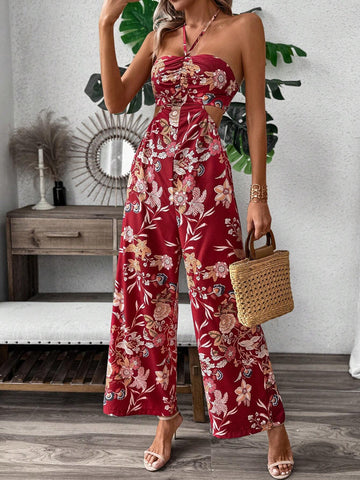 Floral Print Hollow Out Strapless Wide Leg Jumpsuit