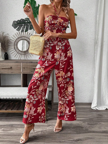 Floral Print Hollow Out Strapless Wide Leg Jumpsuit